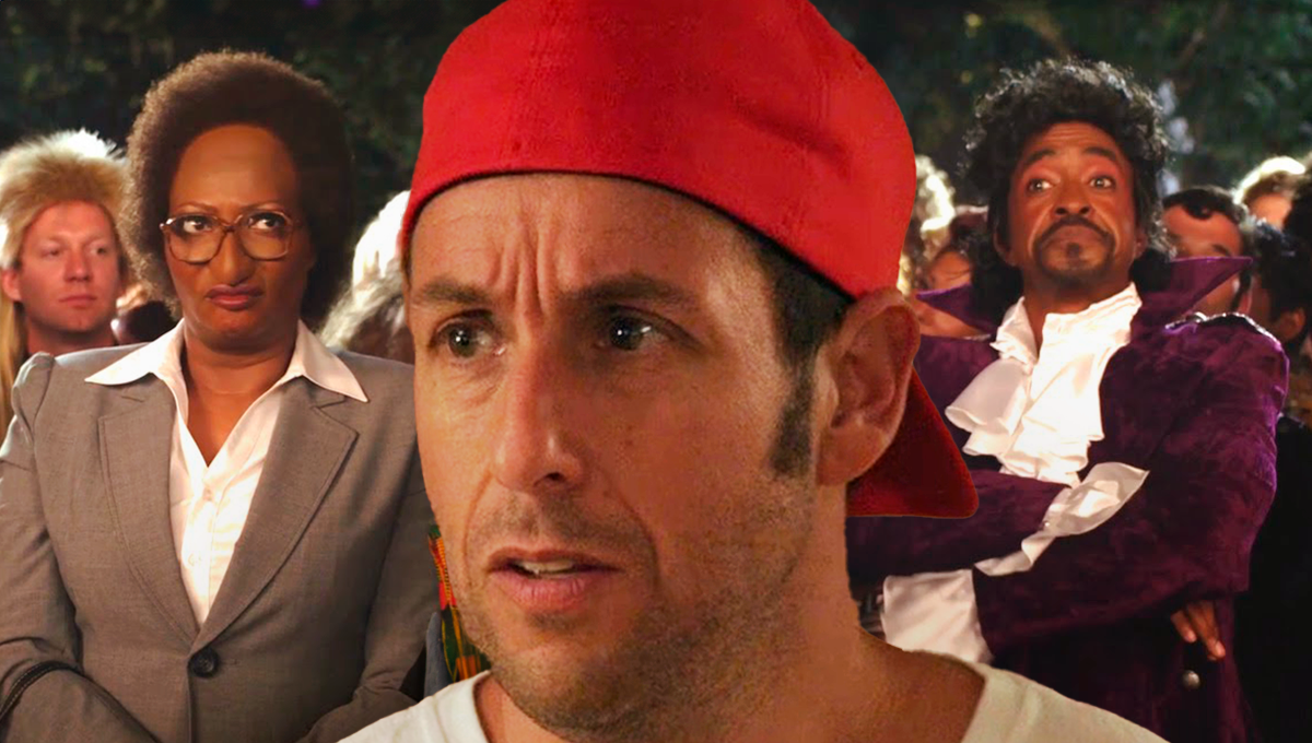 Adam Sandler cercado de rostos descontentes