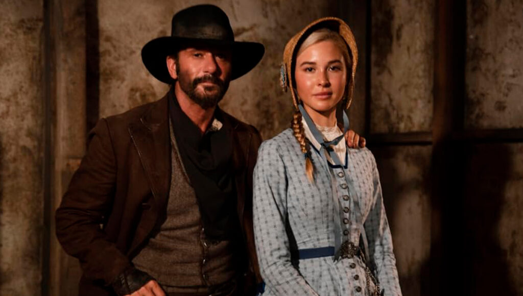Os personagens James Dutton e Isabel May na série 1883