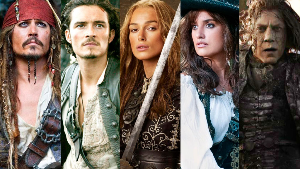 Os atores Johnny Depp, Orlando Bloom, Keira Knightley, Penélope Cruz e Javier Bardem, respectivamente, em "Piratas do Caribe"