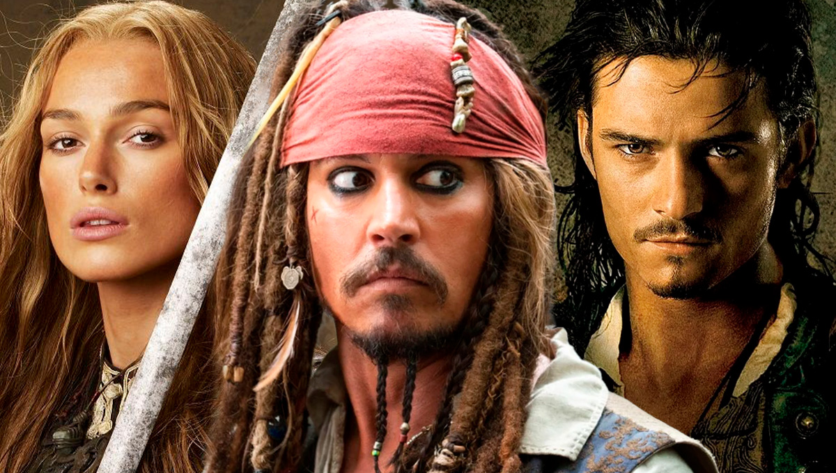 Os personagens Elizabeth Swann (Keira Knightley), Jack Sparrow (Johnny Depp) e Will Turner III (Orlando Bloom), respectivamente, em "Piratas do Caribe"